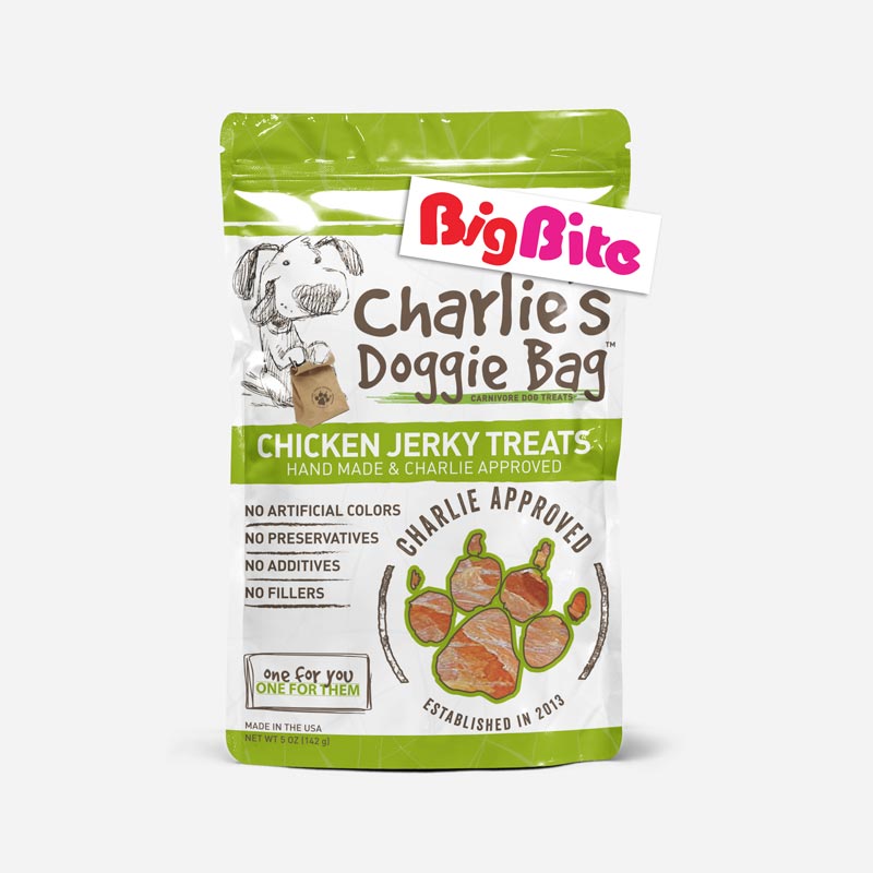 All of our chicken jerky treats are handmade with only the finest ingredients. We start with lean, organic chicken breast, then, we slow dry the chicken until it is perfectly tender. Our Big Bites are just a little thicker then regular chicken jerky.