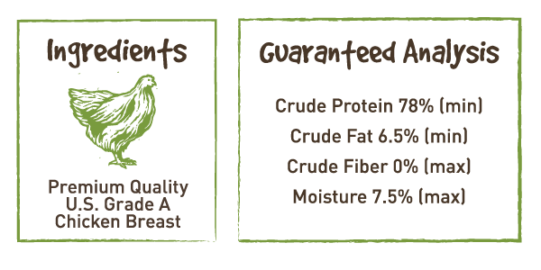 All of our chicken jerky treats are handmade with only the finest ingredients. We start with lean, organic chicken breast, then, we slow dry the chicken until it is perfectly tender.