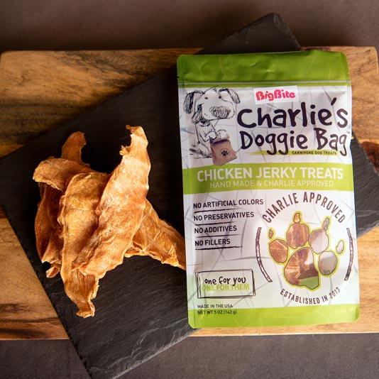 All of our chicken jerky treats are handmade with only the finest ingredients. We start with lean, organic chicken breast, then, we slow dry the chicken until it is perfectly tender. Our Big Bites are just a little thicker then regular chicken jerky.